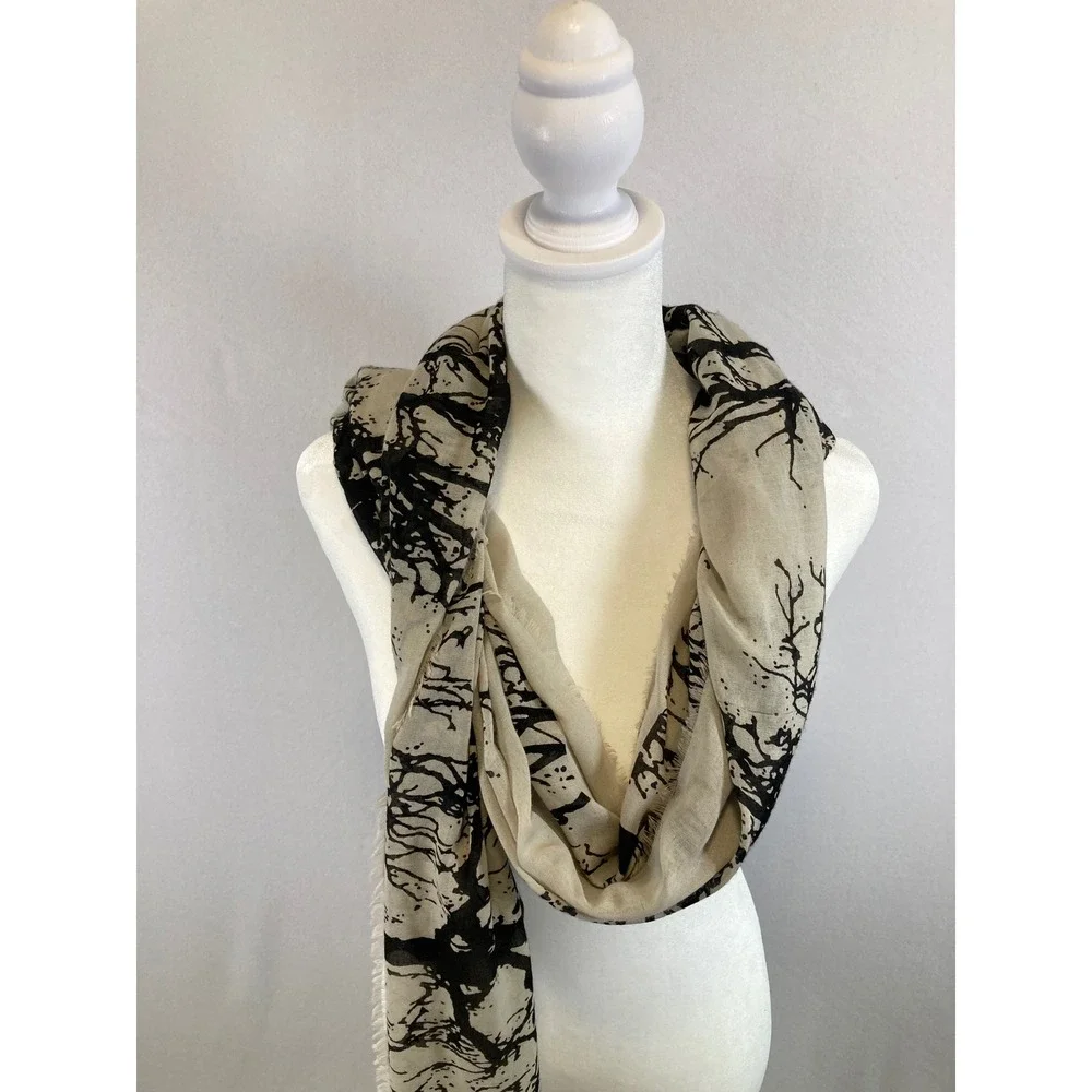Naturecore Steve Madden Womens OS Cream Black Tree Print Fringe Wrap Scarf